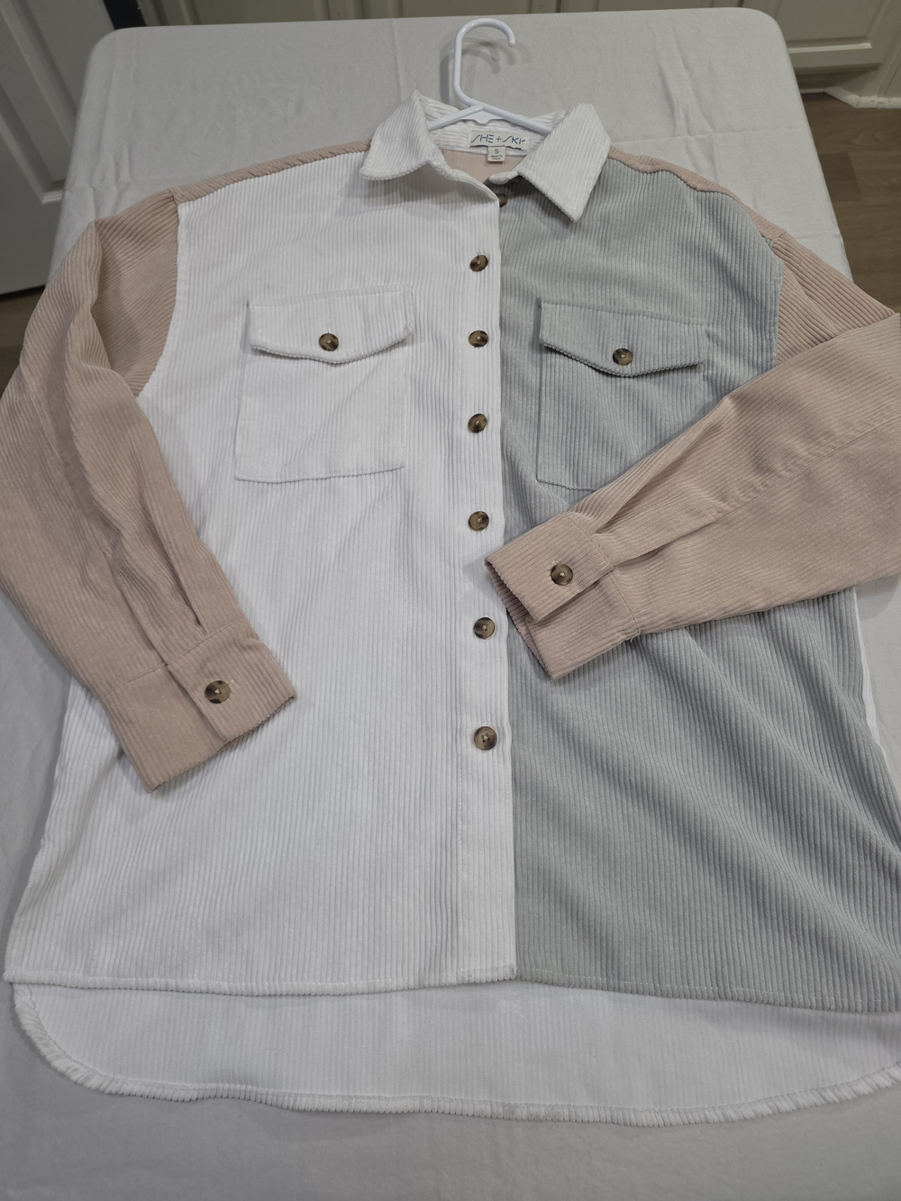 She + Sky Multi-Tone Corduroy Button-Down Shirt in White, Sand & Gray
